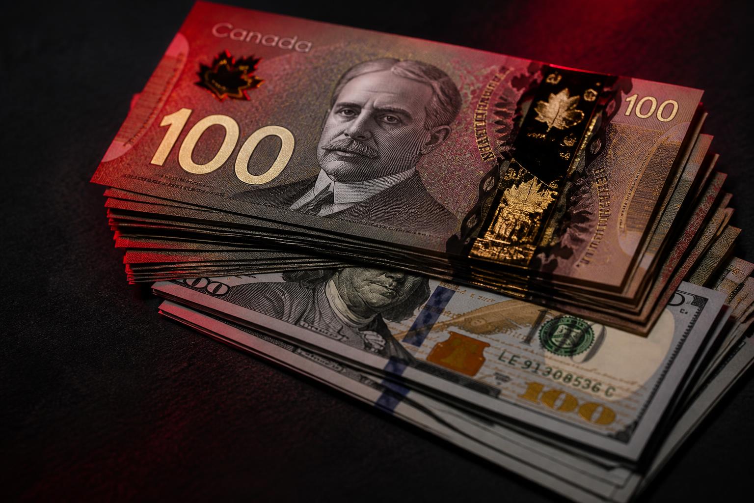 Stacked Canadian and US hundred dollar banknotes